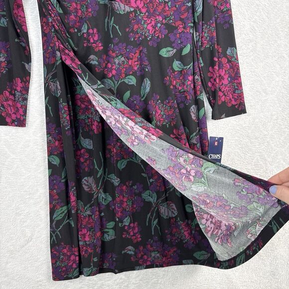 Chaps Ralph Lauren Jersey Dress L Dark Floral Faux Wrap Stretch Career Feminine - Picture 5 of 14